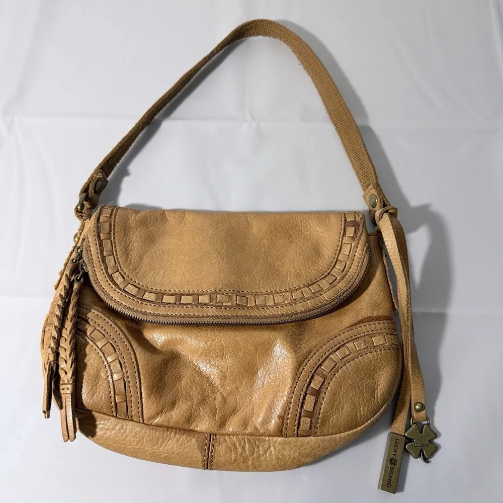 Vintage Lucky Brand Tan/Brown Leather Crossbody Hobo Bag Foldover Purse Handbag